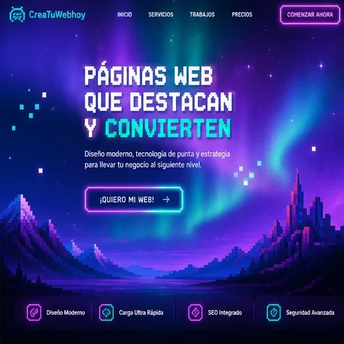 Página web de diseño moderno con neón y paisaje espacial